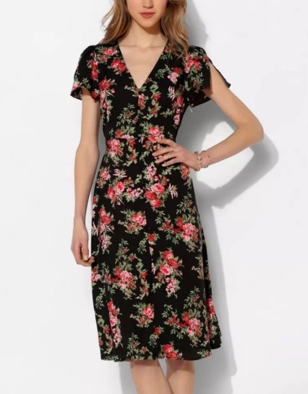 Anthro Staring at Stars Floral Midi Dress Size 4 Button Front Romantic Prairie